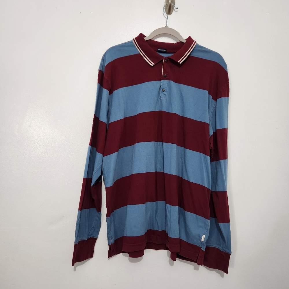 Vintage American Eagle Slim Fit XL Burgundy Blue Striped Rugby Polo Long Sleeve